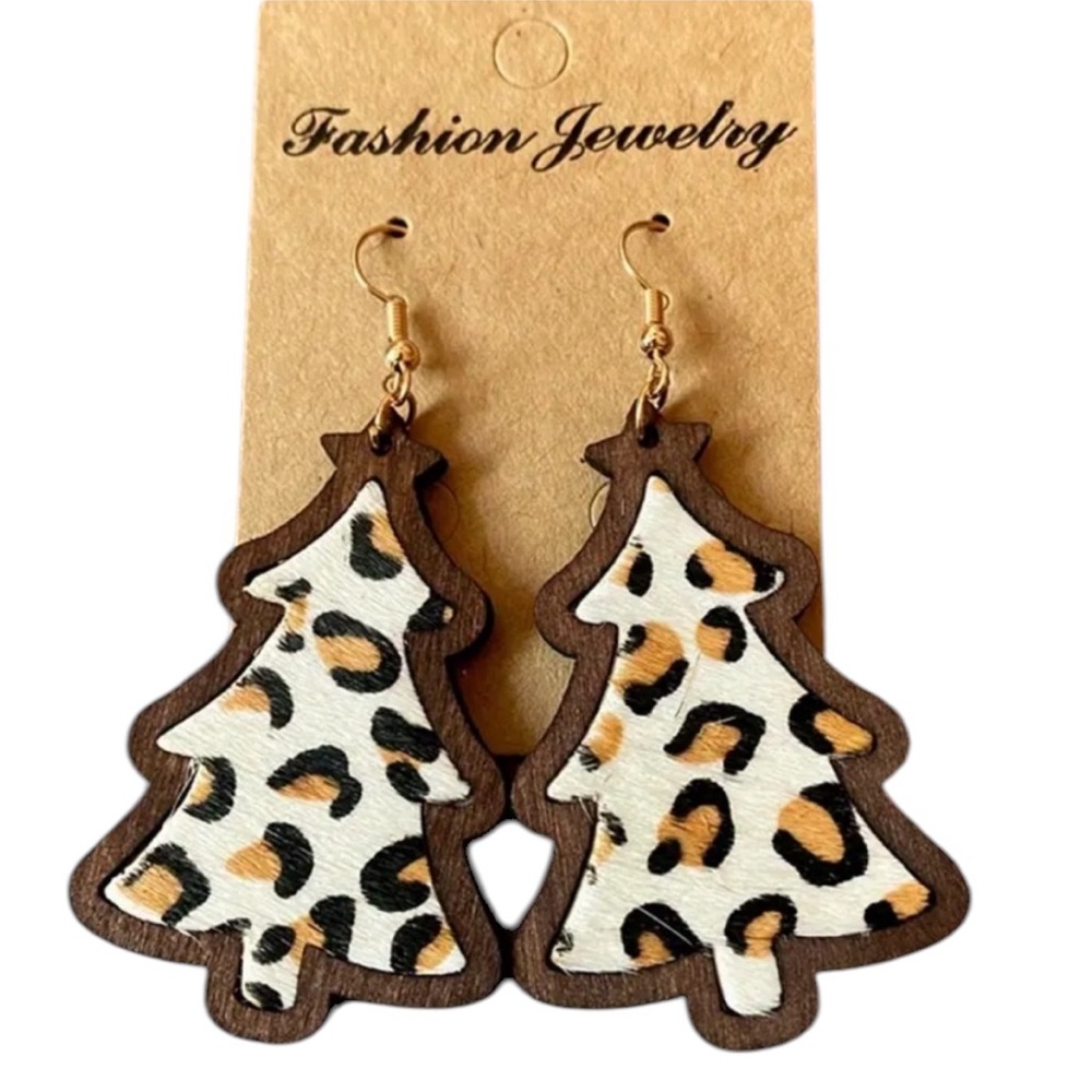 White & Brown Animal Print Christmas Tree Earrings
